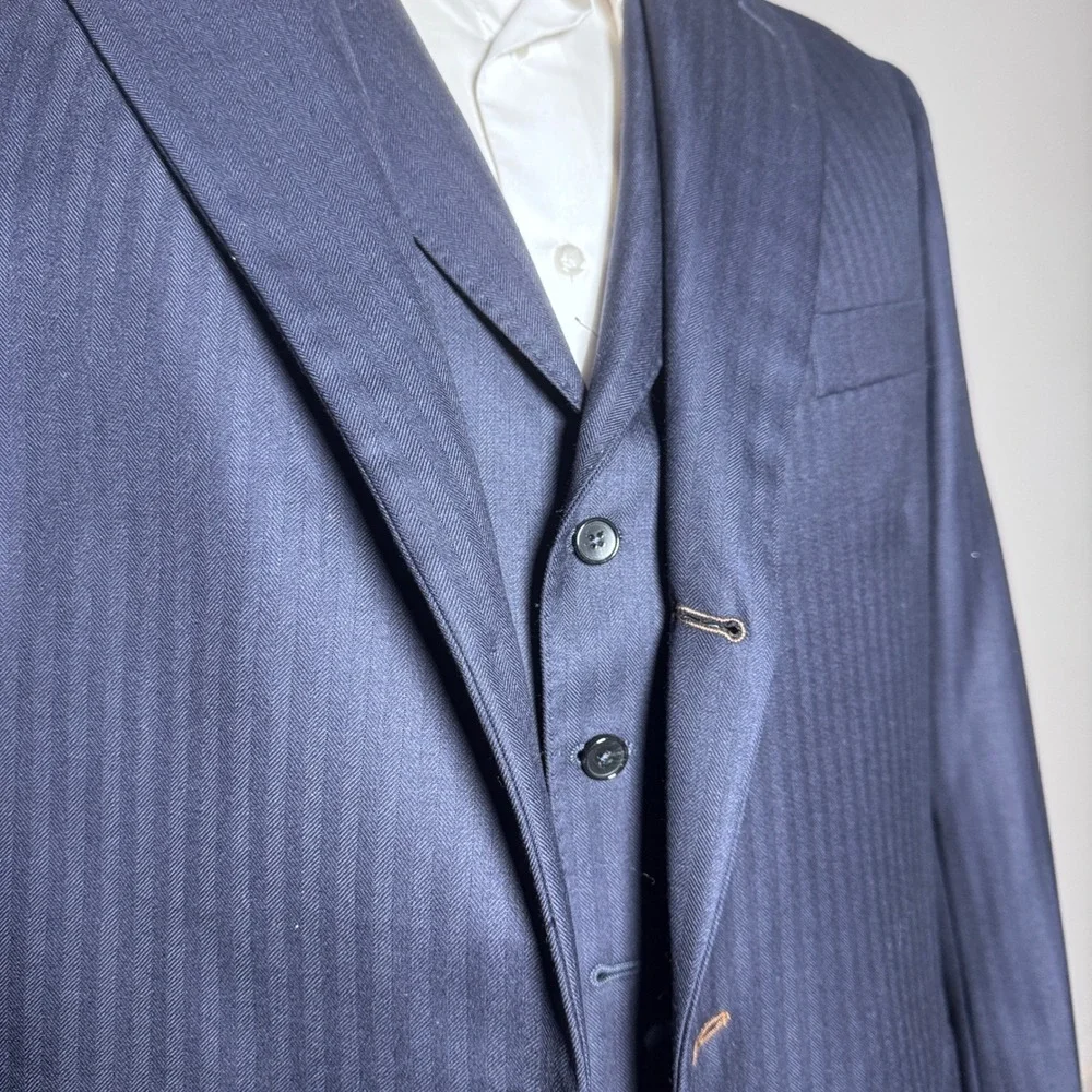 Suits & Co 3-Piece Suit Mens 48R 41x33‎ Navy Herringbone Wool Made to Measure
